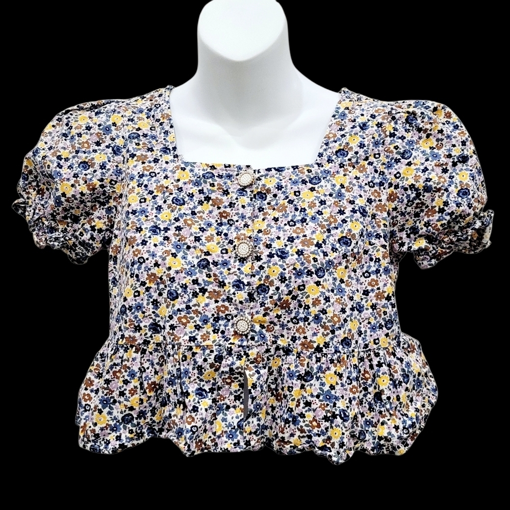 2/$20 Y2K Blue & Yellow Floral Pattern Buttons Down Top Blouse Size: XS